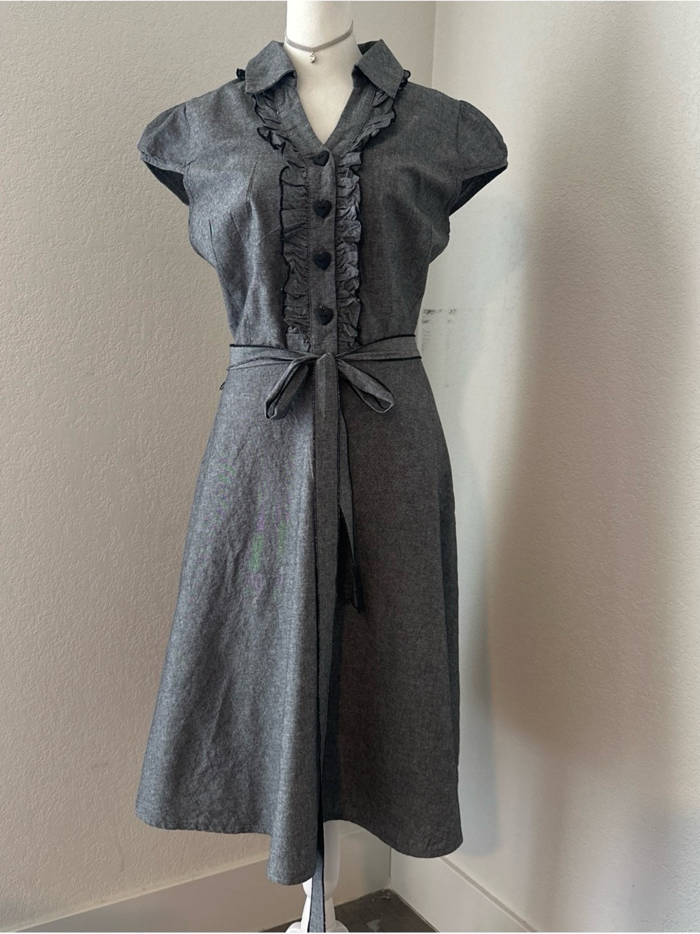 Women's Grey Midi Shirt Dress with Ruffle Front and Waist Tie